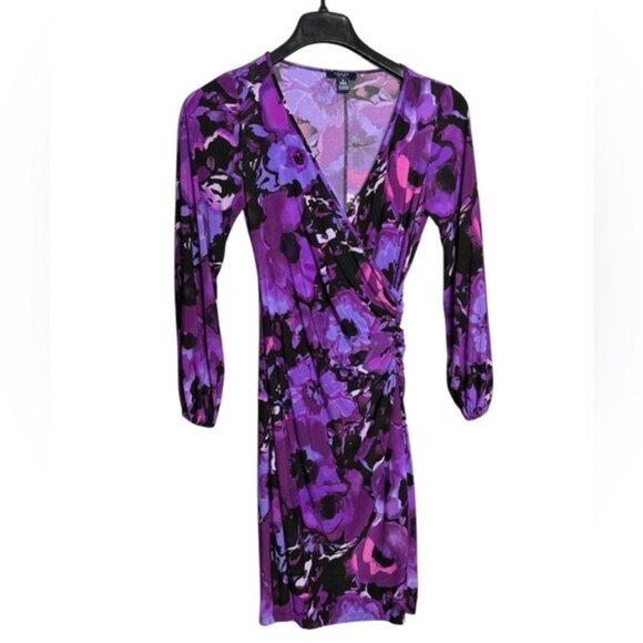 Chaps Midi Dress Size S Ruched Gathered Side Abstract Floral Multicolor - Picture 1 of 7